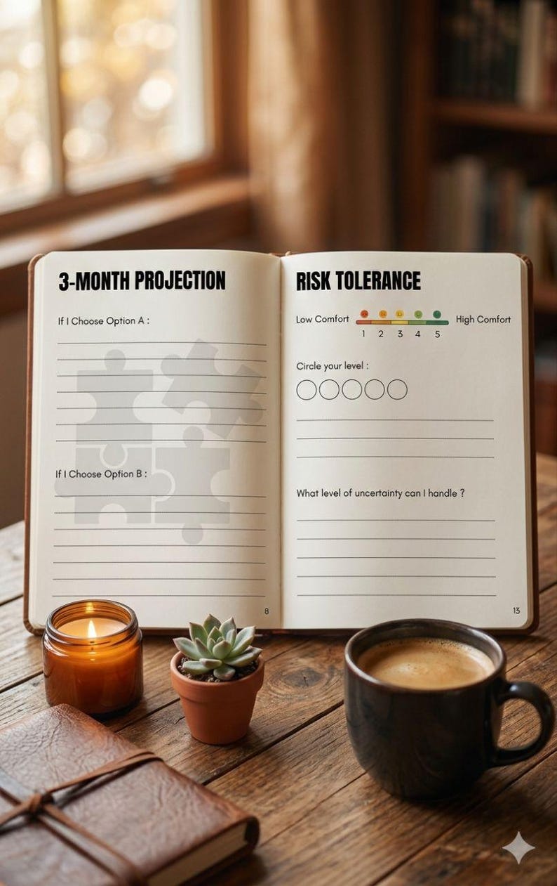 May include: Open notebook with "3-MONTH PROJECTION" and "RISK TOLERANCE" headings. Includes prompts for options, risk assessment, and uncertainty. A lit candle, succulent, and coffee cup sit on a wooden table.