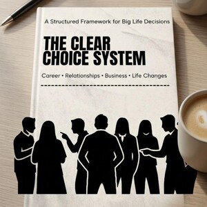 May include: A book titled "THE CLEAR CHOICE SYSTEM" with the subtitle "A Structured Framework for Big Life Decisions." The book's cover features silhouettes of people and the text "Make Confident Decisions With Clarity."