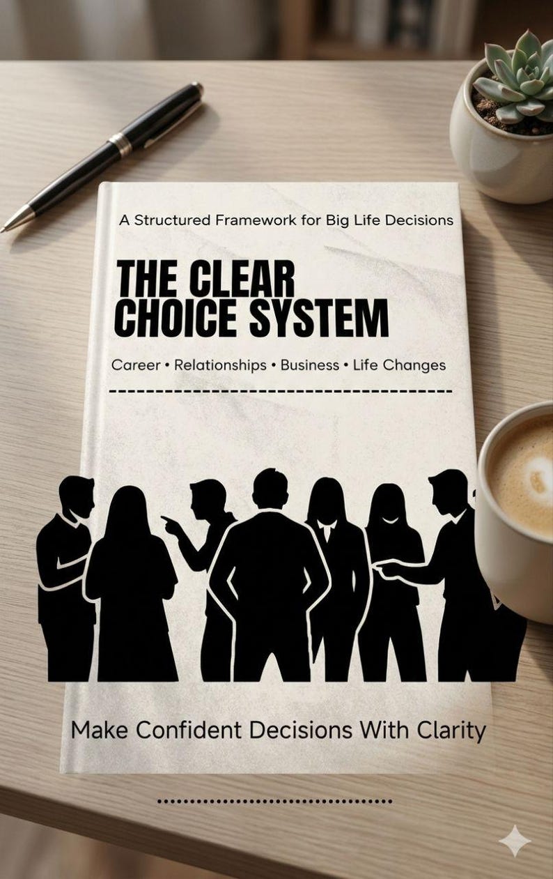 May include: A book titled "THE CLEAR CHOICE SYSTEM" with the subtitle "A Structured Framework for Big Life Decisions." The book's cover features silhouettes of people and the text "Make Confident Decisions With Clarity."