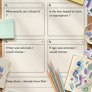 May include: A worksheet titled "FEAR OR INTUITION?" with prompts for self-reflection. Includes text, "Fear shouts. Intuition is calm." and questions about fear and ego. Pastel pencils, sticky notes, and a sketchbook are also visible.