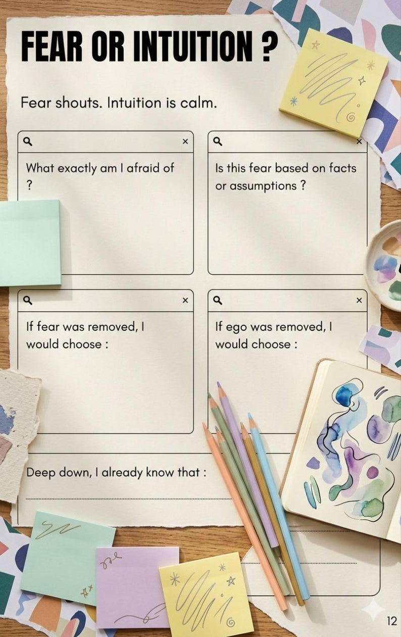 May include: A worksheet titled "FEAR OR INTUITION?" with prompts for self-reflection. Includes text, "Fear shouts. Intuition is calm." and questions about fear and ego. Pastel pencils, sticky notes, and a sketchbook are also visible.