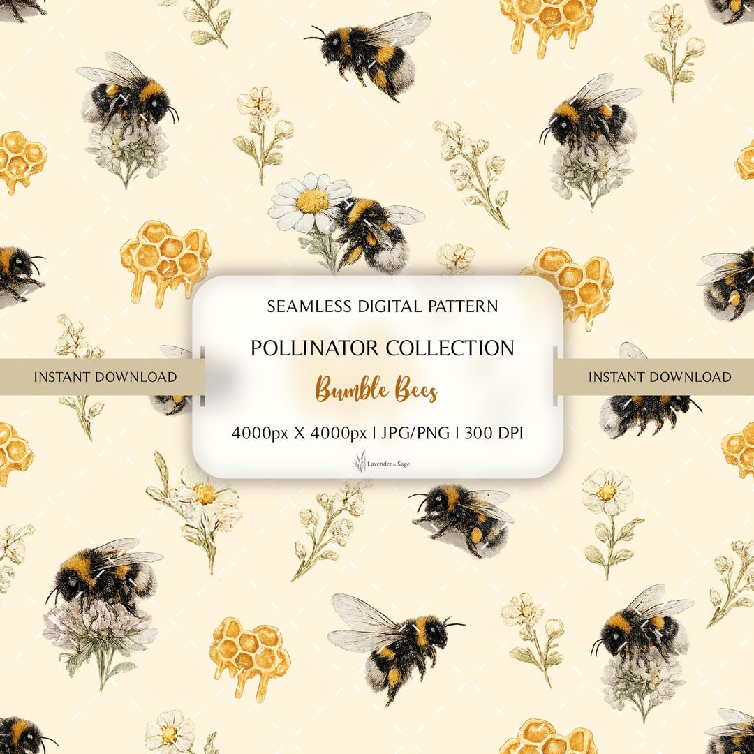 Bumble Bee Seamless Pattern Watercolor Pollinator Garden Digital Paper ...