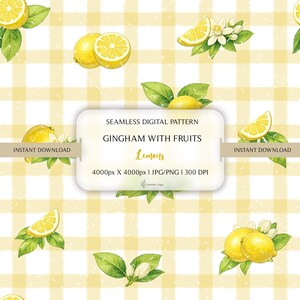Può includere: Un motivo digitale senza cuciture con limoni e foglie ad acquerello su uno sfondo a quadretti giallo e bianco. Il design include limoni interi e a fette, con il testo "Gingham with Fruits Lemons".