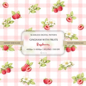 Könnte beinhalten: Ein nahtloses digitales Muster mit Aquarellillustrationen von Himbeeren, weißen Blüten und grünen Blättern auf einem rosa-weiß karierten Hintergrund. Der Text lautet "Gingham with Fruits Raspberries". Das Bild ist 4000px x 4000px groß.