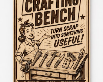 Crafting Bench Birch Workshop Sign, Retro Maker Wall Decor