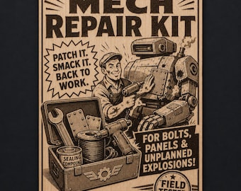 Mech Repair Kit Birch Wood Wall Art, Retro Robot Workshop Sign