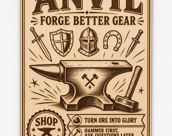 Fantasy Blacksmith Anvil Birch Wall Sign, Forge Workshop Decor