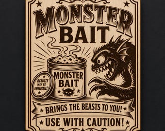 Monster Bait Birch Wood Sign, Vintage Creature Wall Decor