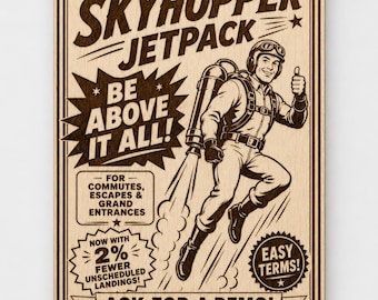 Retro Jetpack Wall Art, Vintage Sci Fi Adventure Birch Wood Sign, Funny Aviation Decor, Desk or Wall Display