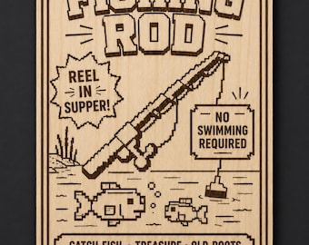 Retro Fishing Rod Wood Sign, Pixel Fishing Wall Art, Gamer Fishing Decor, Funny Angler Gift