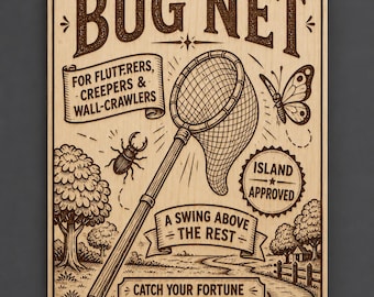 Bug Net Wood Wall Sign, Vintage Bug Catching Decor, Island Inspired Game Room Plaque, Nature Gamer Gift