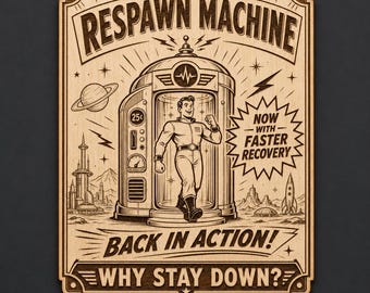Respawn Machine Birch Wood Sign, Retro Sci Fi Gamer Wall Decor