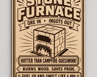 Stone Furnace Birch Wood Wall Decor, Retro Gaming Workshop Sign