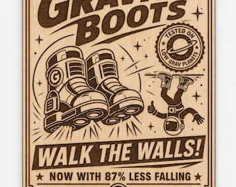 Retro Space Boots Wood Sign, Sci Fi Wall Art Plaque, Gravity Boots Engraved Birch Decor