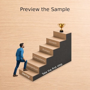 May include: A man ascends a staircase with steps labelled "Starting," "Momentum," "Consistency," "Sustain," and "Growth." A gold trophy is at the top. Text reads "Take the first step." and "Preview the Sample."