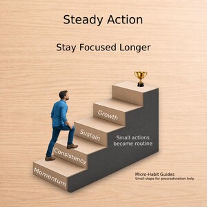 May include: An illustration depicts a person climbing stairs labeled "Momentum," "Consistency," "Sustain," and "Growth." A golden trophy sits atop the final step. Text reads "Steady Action," "Stay Focused Longer," and "Small actions become routine."