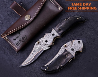 Coltello tascabile in rame Damasco fatto a mano, coltello pieghevole personalizzato con incisione, regalo di anniversario per marito, testimoni dello sposo, compleanno, regalo di Natale per papà