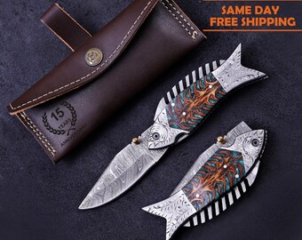 Coltello da pescatore Damasco personalizzato, coltello tascabile pieghevole fatto a mano, regalo per testimoni dello sposo, regalo di compleanno, anniversario, regalo di pesca per papà, regalo di Natale