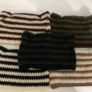 PREORDER! Handmade Crocheted Striped Small Cat Ear Beanie Hat - Wolf, Dog, Fox!