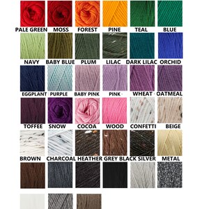 May include: A chart of yarn colors with names for each color. The colors include red, orange, yellow, green, blue, purple, pink, brown, gray, white, and black.