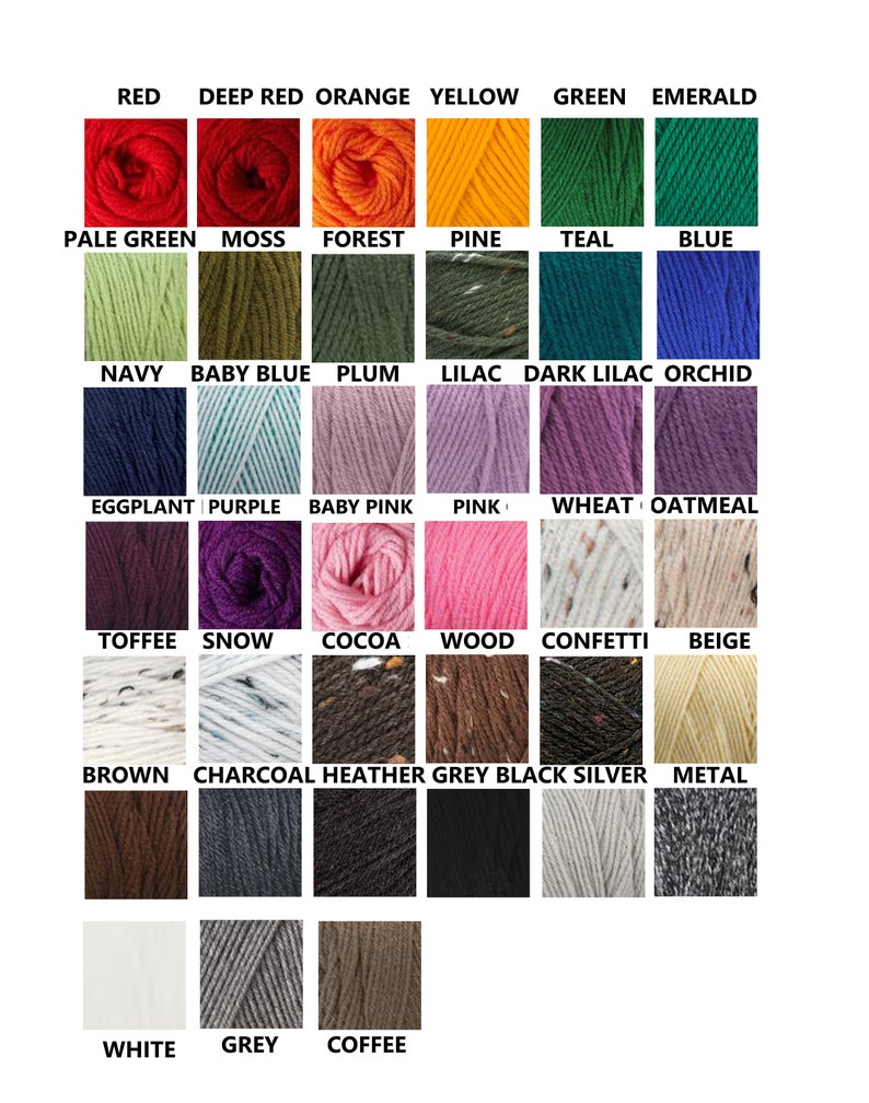 May include: A chart of yarn colors with names for each color. The colors include red, orange, yellow, green, blue, purple, pink, brown, gray, white, and black.
