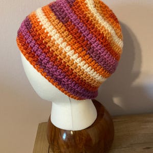 Peut inclure: Un bonnet en crochet rayé orange, blanc et violet.