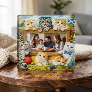 Scottish Fold Katzenbild | Highland Castle, schottische Flagge Dekor | Acryl-Fotorahmen (4x6, 5x7)