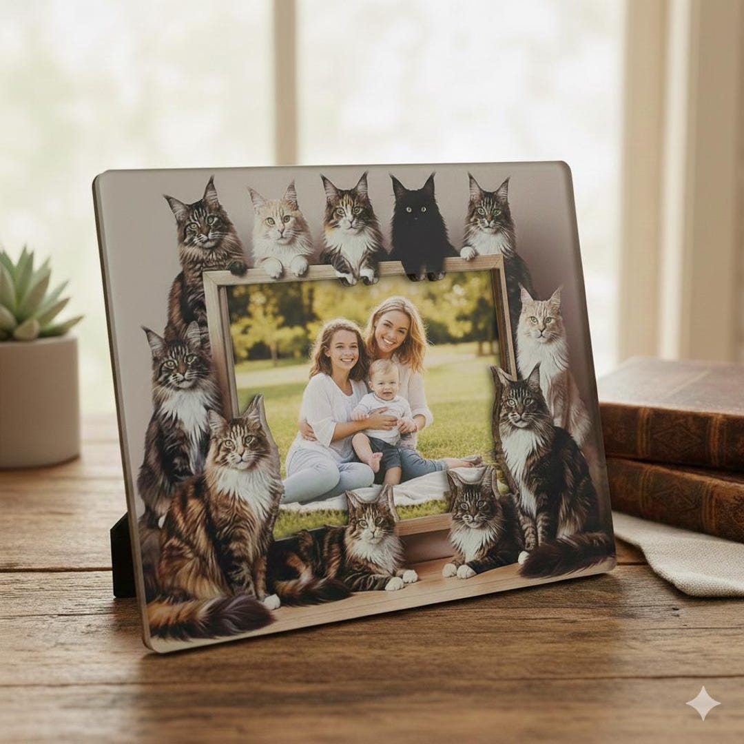 Mini Cat Picture Frame Custom Cat Photo Frame Acrylic - Whimsical Illustration & Realistic ...