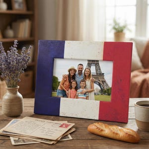 Puede incluir: Un marco de fotos cuadrado con el diseño de la bandera francesa en azul, blanco y rojo. Contiene una foto familiar frente a la Torre Eiffel. Un jarrón con lavanda, postales, una baguette y una taza de café están sobre la mesa de madera.