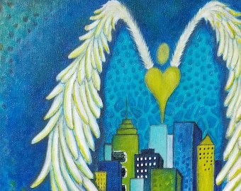 Cityscape art print and greeting card of "Hope City" - christian, angel art, prophetic, inspirational, healing, city art, turquiose