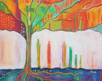Christian inspirational prophetic landscape ORIGINAL ACRYLIC PAINTING "Nourished"-trees with roots, art with scripture, white turquoise red