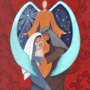 May include: A painting depicting the Nativity scene with Mary, Joseph, and baby Jesus. The figures are surrounded by a large, blue angel's wings with a star in the background.