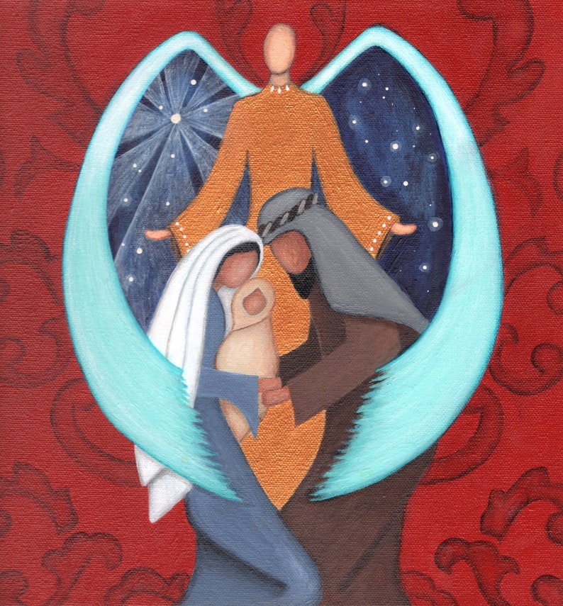 May include: A painting depicting the Nativity scene with Mary, Joseph, and baby Jesus. The figures are surrounded by a large, blue angel's wings with a star in the background.