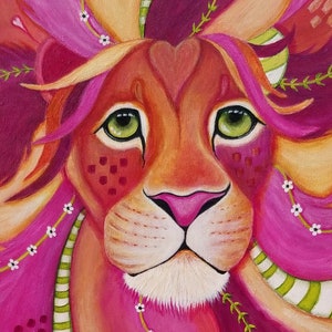 Prophetic whimsical ART PRINT of "Lovestruck" pink and green, lion of judah, spiritual art, animal art, christian gift