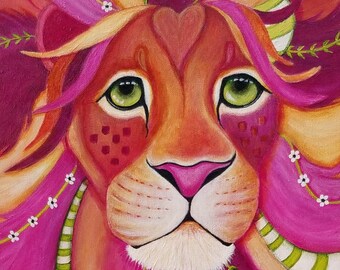 Prophetic whimsical ART PRINT of "Lovestruck" pink and green, lion of judah, spiritual art, animal art, christian gift