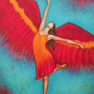 Prophetic christian original acrylic painting of "Heaven and Earth Praise" - dancer - angel - ballerina - red orange and turquoise