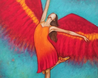 Prophetic christian original acrylic painting of "Heaven and Earth Praise" - dancer - angel - ballerina - red orange and turquoise