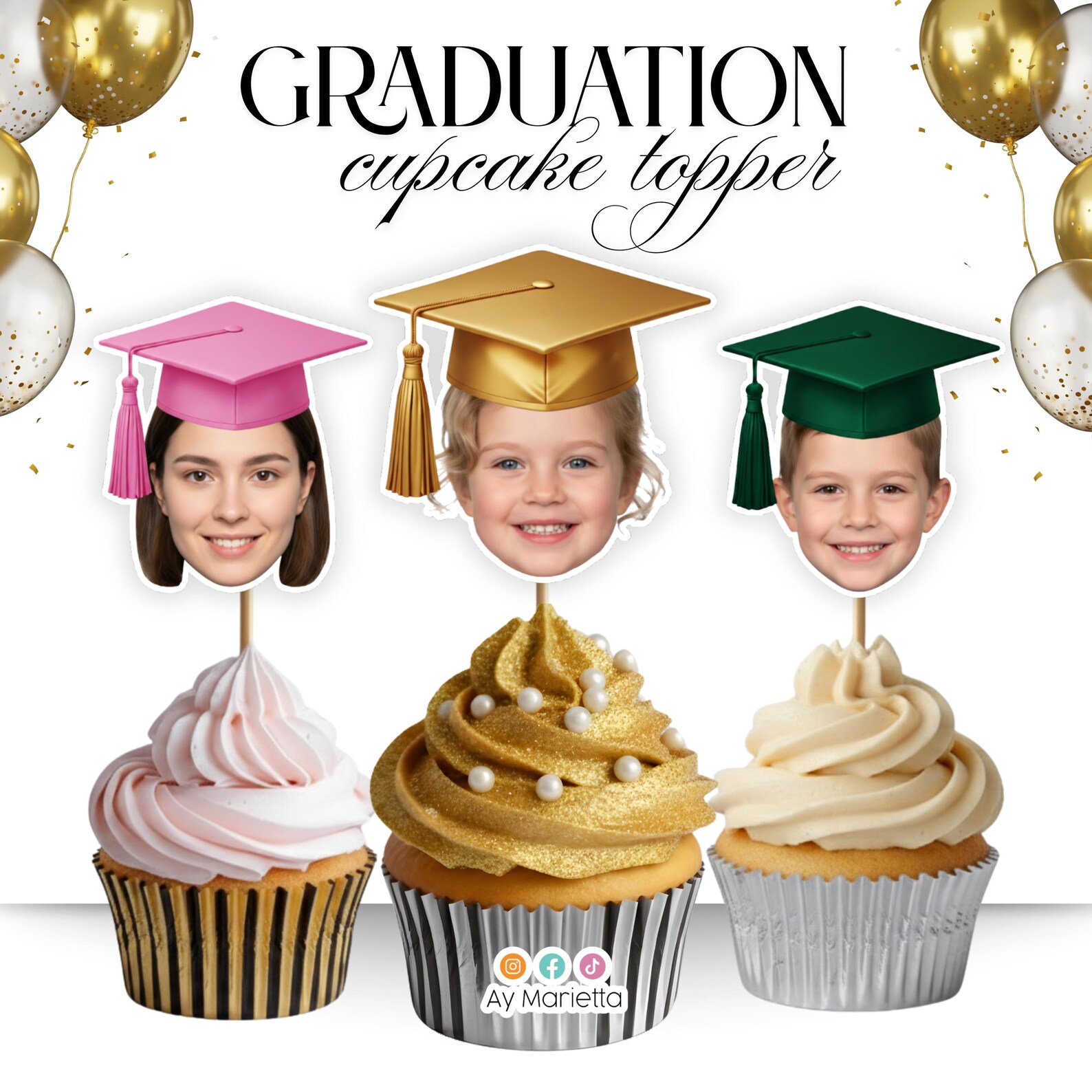 Custom Graduation Cupcake Toppers With Face - Personalized Grad Photo ...