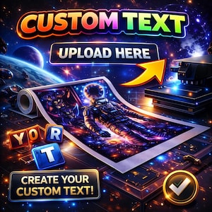 May include: A digital art print featuring an astronaut in space, with the words "CUSTOM TEXT" and "UPLOAD HERE". The image has a space theme with planets and stars. The words "CREATE YOUR CUSTOM TEXT!" are also visible.