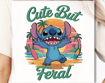 Cute But Feral Stitch Surfing DTF Transfer, Lilo and Stitch Beach DTF Transfer, Funny Disney Vacation Apparel, Disneyland Trip Souvenir