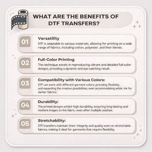 The image is a visual guide that explains the benefits of DFT (Digital Fabrication) transfers, including versatility, full-color printing, compatibility with various colors, durability, and stretchability.