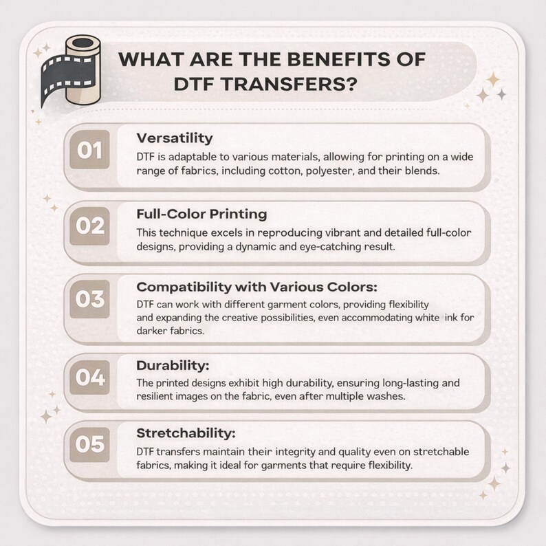 The image is a visual guide that explains the benefits of DFT (Digital Fabrication) transfers, including versatility, full-color printing, compatibility with various colors, durability, and stretchability.
