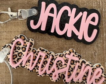 personalized leopard cheetah print name tag, custom name keychain, backpack keychain, lunchbox tag, diaper bag tag, kids name tag