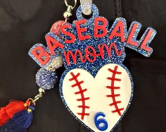 Personalized Baseball Mom Acrylic Bag Tag, Sports Backpack Keychain, Team Mom Gift