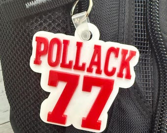 Player number bag tag or keychain, Last name bag tag, Sports number backpack tag, sports bag tag, bag tag for athletes, team gifts