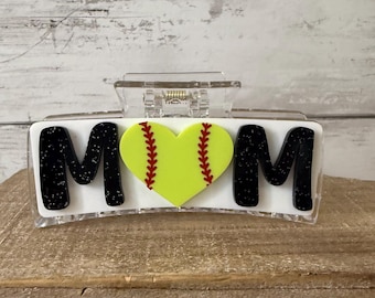 Softball Mom Heart Claw Clip, Game Day Hair Accessory, Personalized sports team hair clips