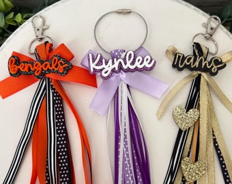 Personalized Ribbon Bag Tag, Custom Cheer Bag Tag, Ribbon Keychain, Sports Name Tag, Sports Bag Tag, Zipper pull with ribbons