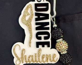 Dance bag tag, Personalized dance bag tag with beads, backpack keychains, acrylic name tags, bow bag tag, dance keychain, dance mom