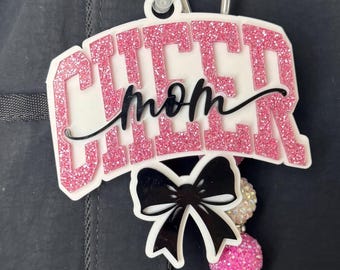 Cheer Mom bag tag, sports mom, Personalized bag tag, backpack tag, backpack keychains, acrylic name tags, bow bag tag, cheerleader keychain