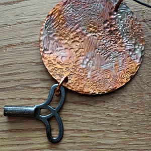 Vintage Key Pendant, Funky Necklace, Copper Pendant, Copper Necklace, Round Copper Pendant, Edgy Necklace, Statement Necklace, Cool Pendant image 2